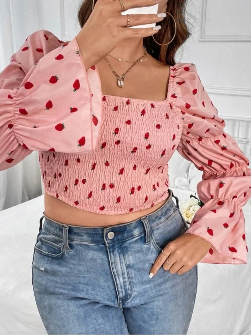 Pink Strawberry Smocked Square-Neck Crop Top plus size by SHEIN - Picture 4 of 13